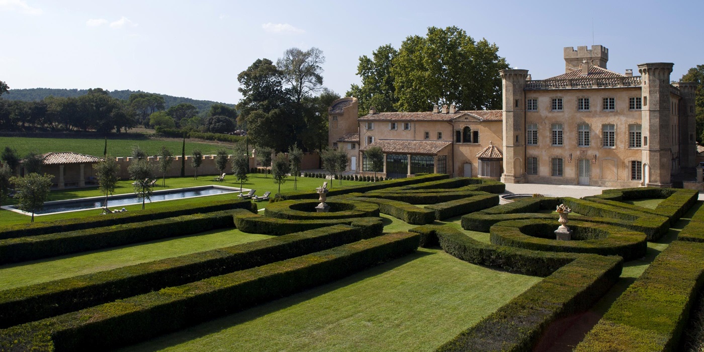 facade and garden of Chateau Bel Esprit, Provence