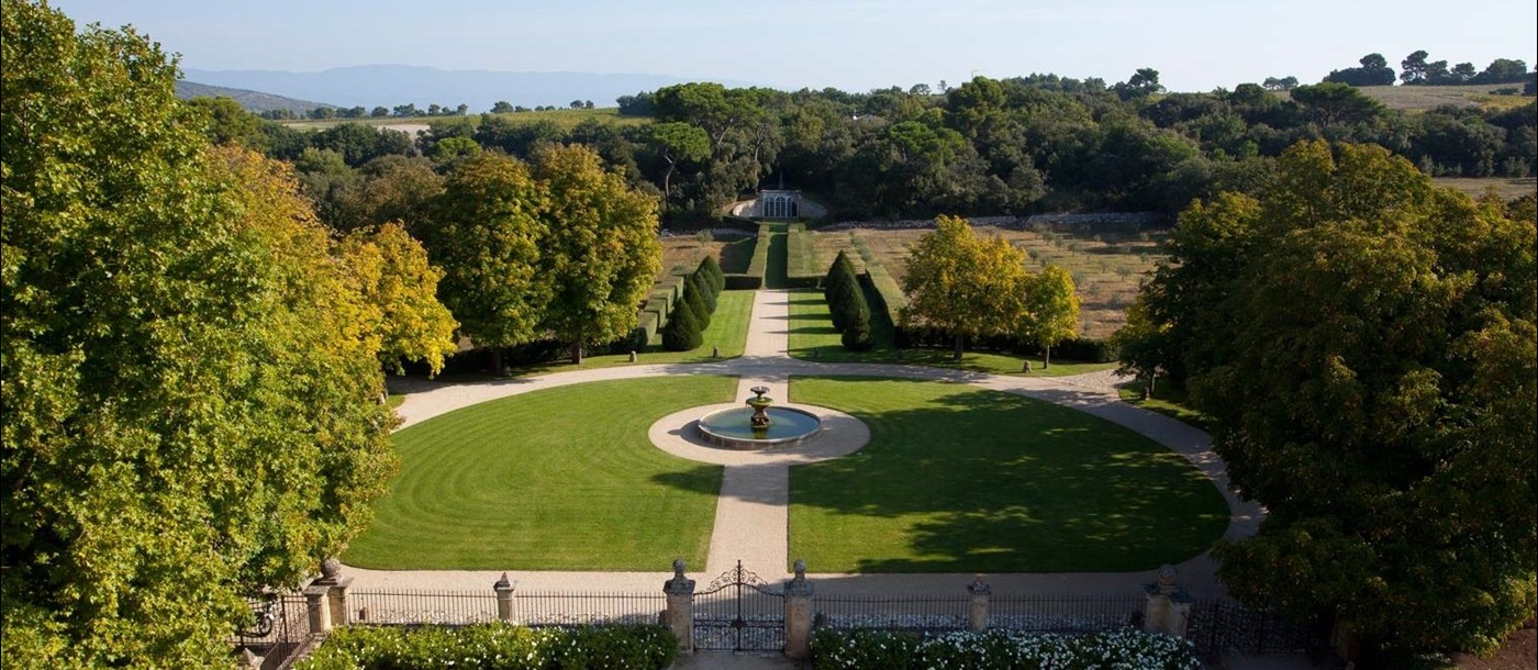 View of gardens and surrounding countryside at Chateau Bel Esprit in Provence, France