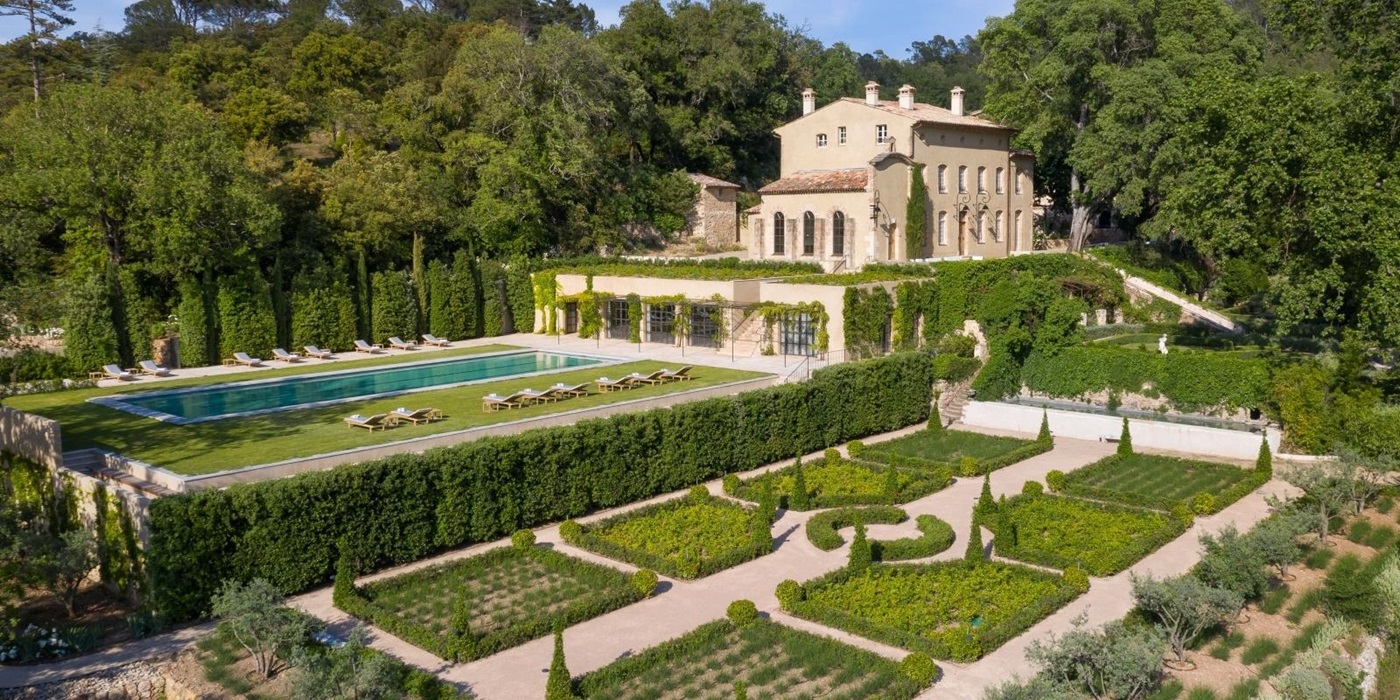 Aerial view of villa, gardens and pool at Chateau Margui in Provence, France