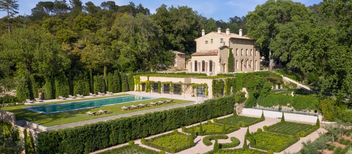 Aerial view of villa, gardens and pool at Chateau Margui in Provence, France