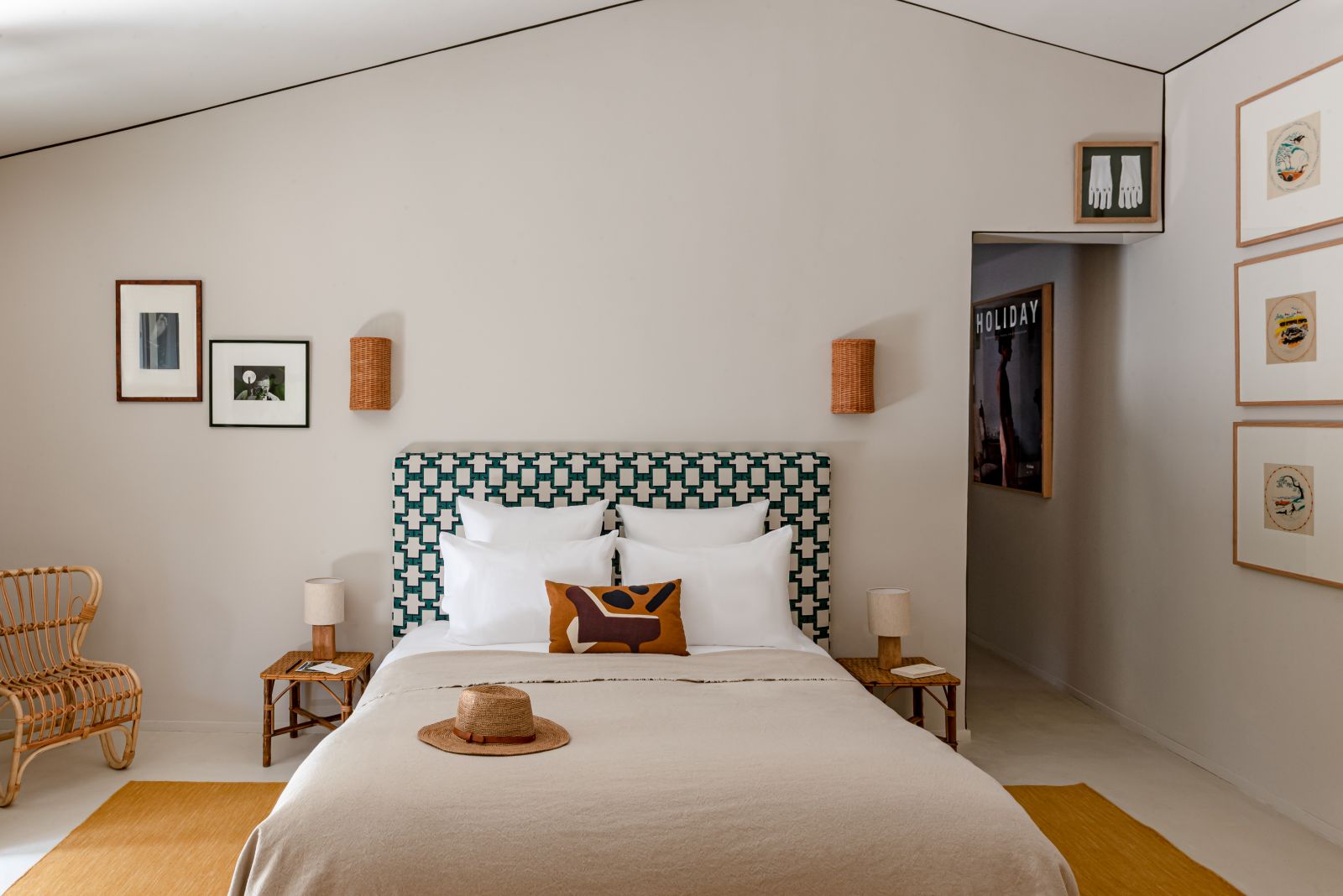 bedroom with geometric headboard