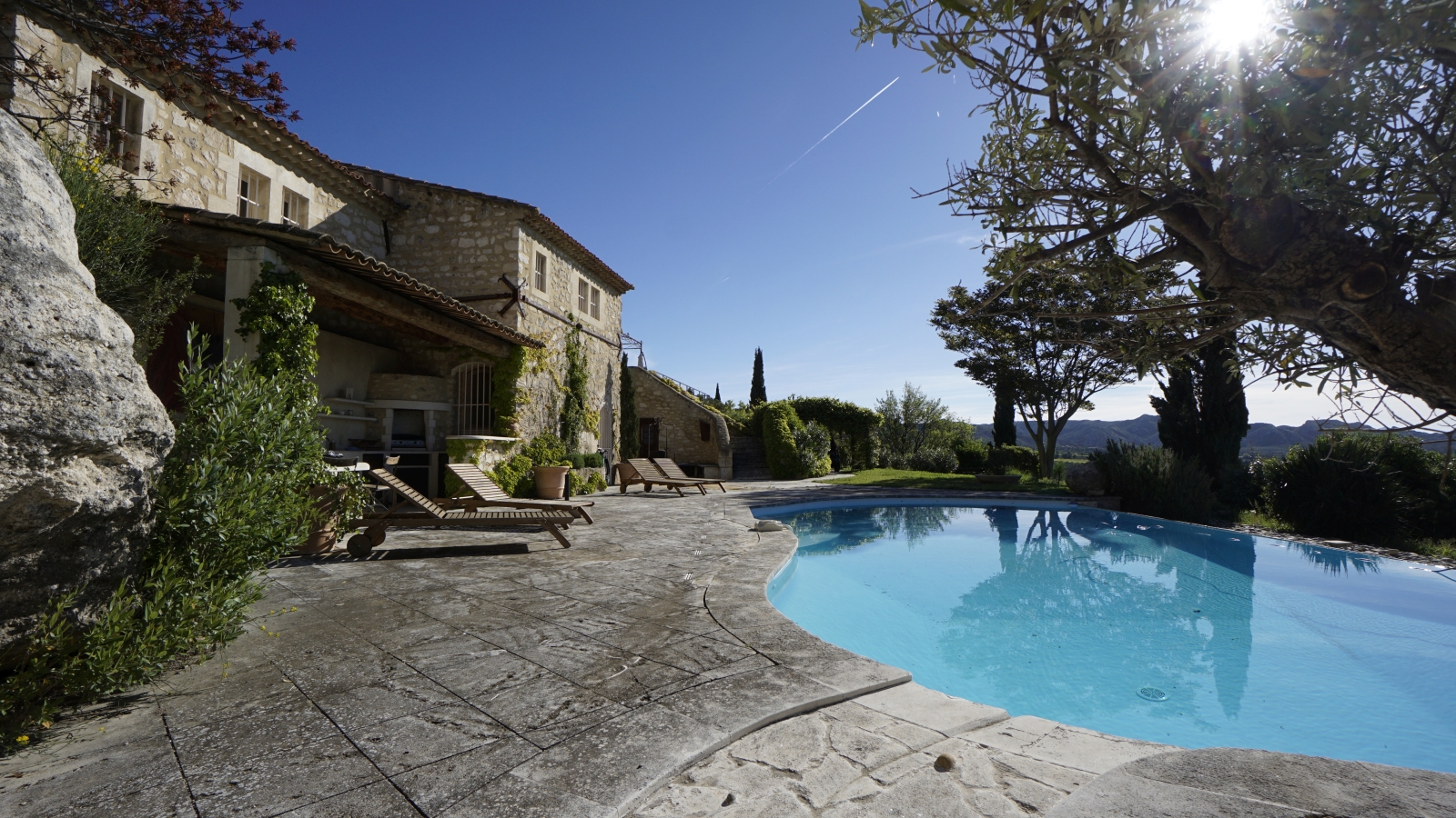 Pool and pool area with plants, sun loungers, grass, trees and mountain view at Les Rochers in Provence, France