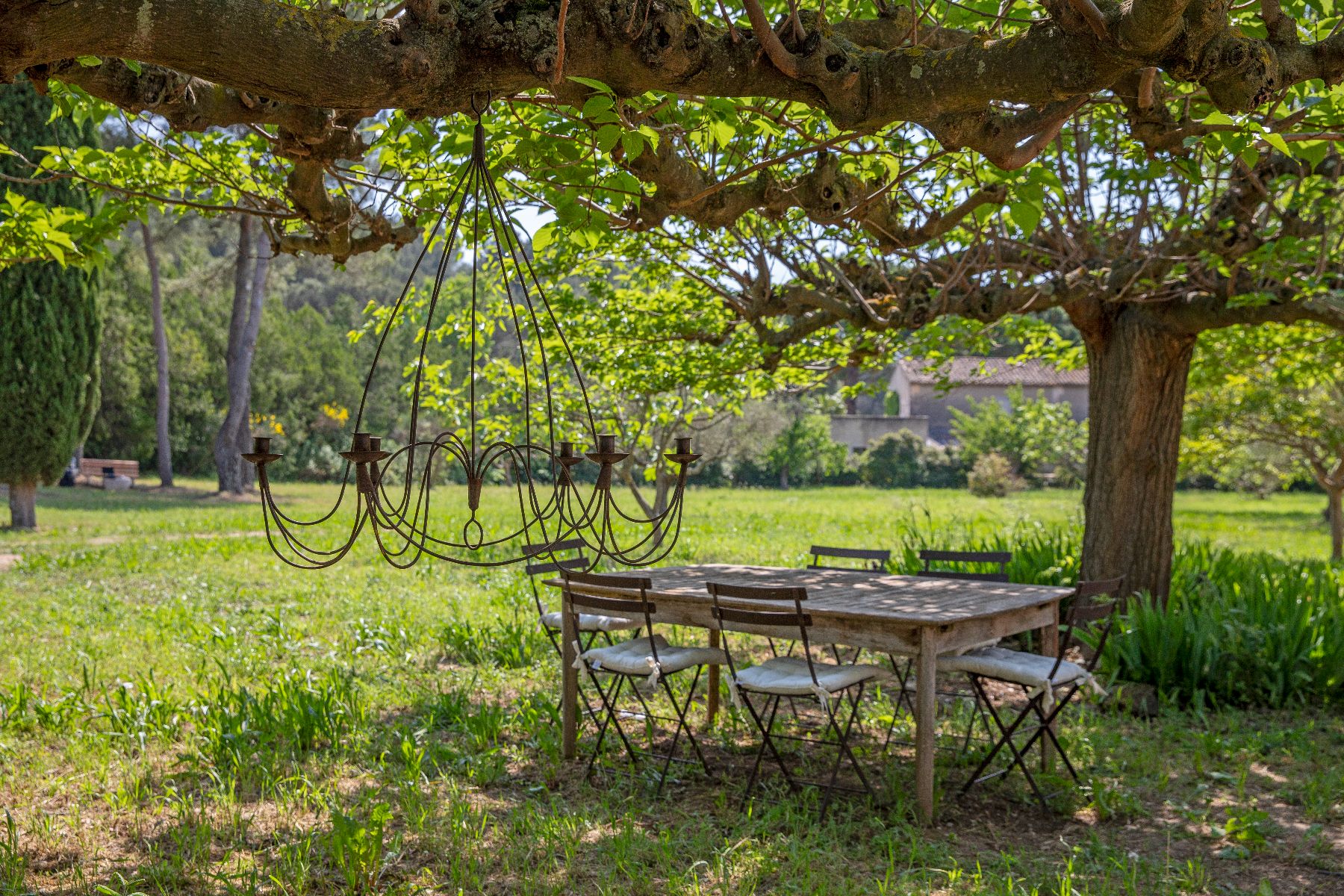 Dining  table in the shade under a tree in the gardens at Maison Les Baux, a luxury villa in Provence, France