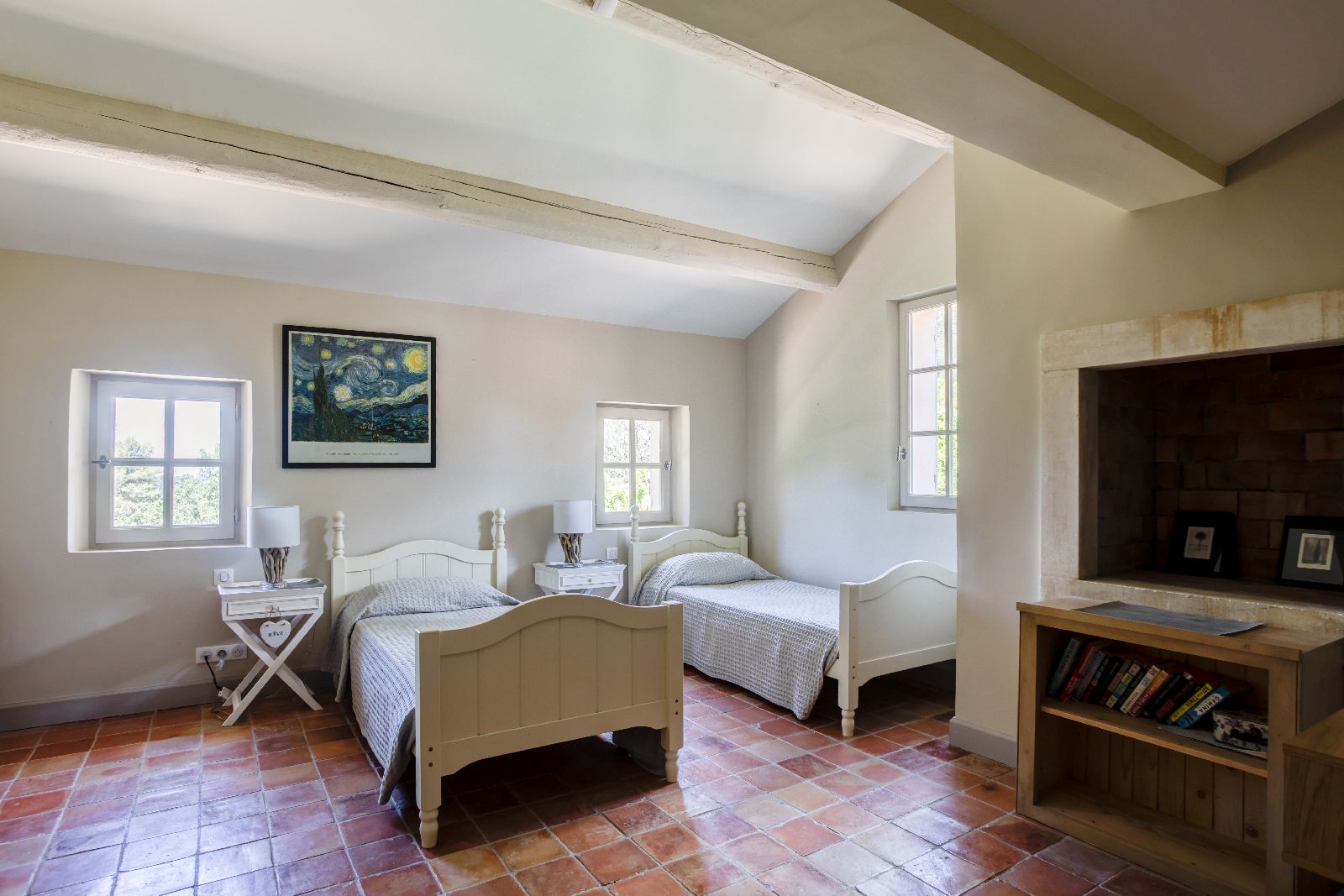 Twin bedroom with tiled floor at Mas Calanquet in Provence