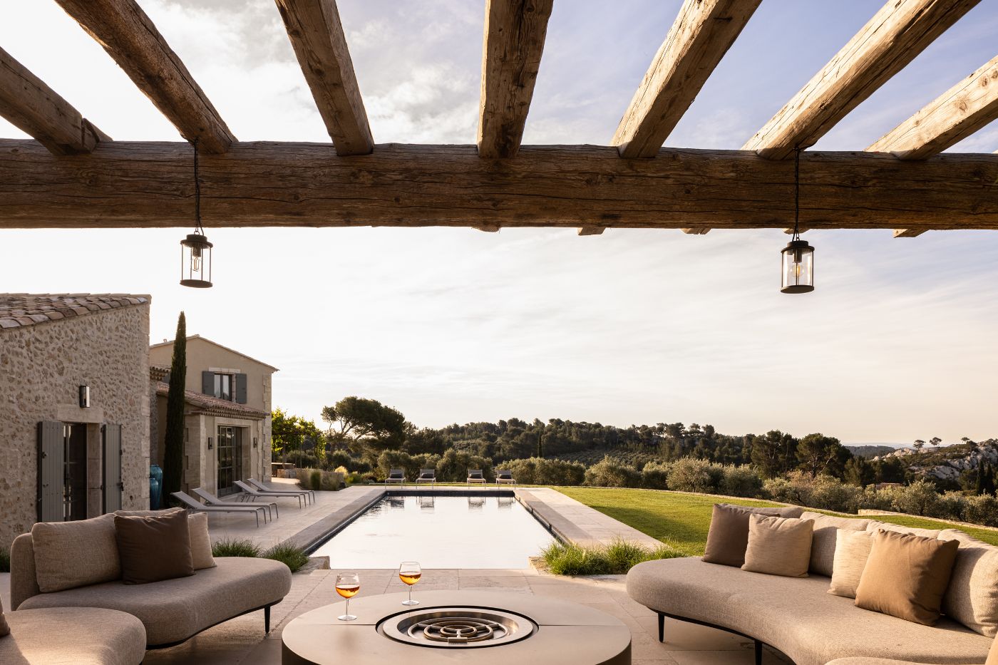 Poolside seating at Mas des Terres.