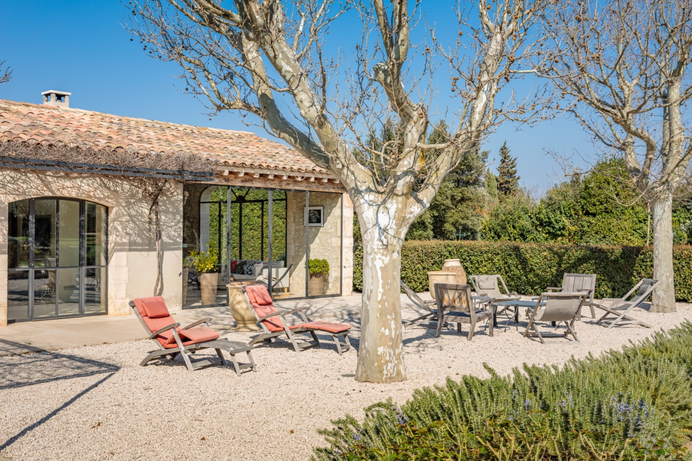 Outdoor seating in the sun at Mas Laurent in Provence