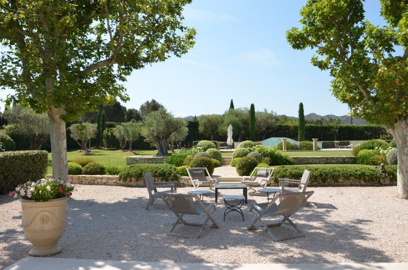 Shaded outdoor seating at Mas Laurent in Provence