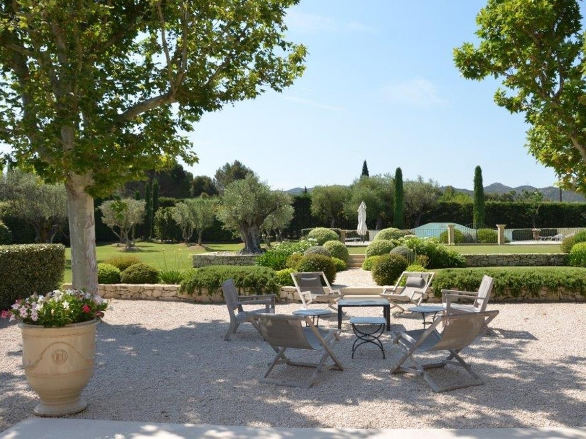 Shaded outdoor seating at Mas Laurent in Provence