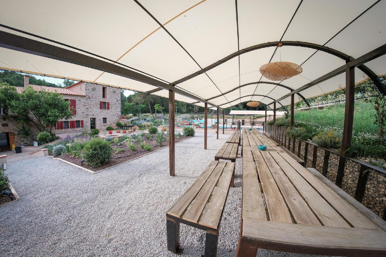 Outdoor covered dining at Castelnou in South West France
