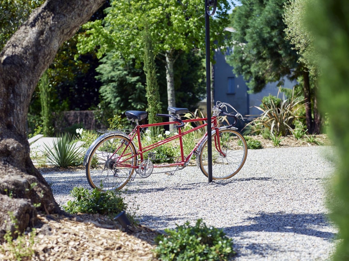 tandem bicycle parked on driveway at pomiera, france