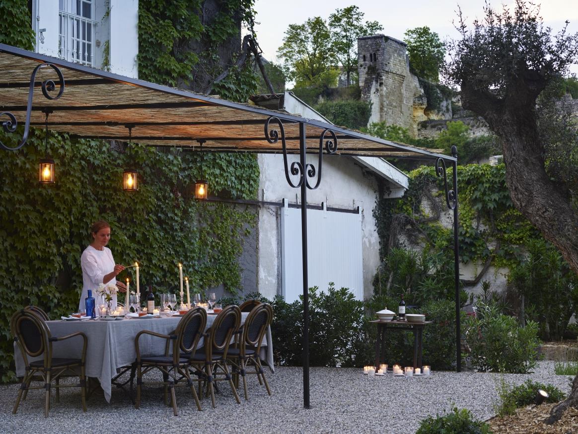 evening dining outside with server at pomiera, france