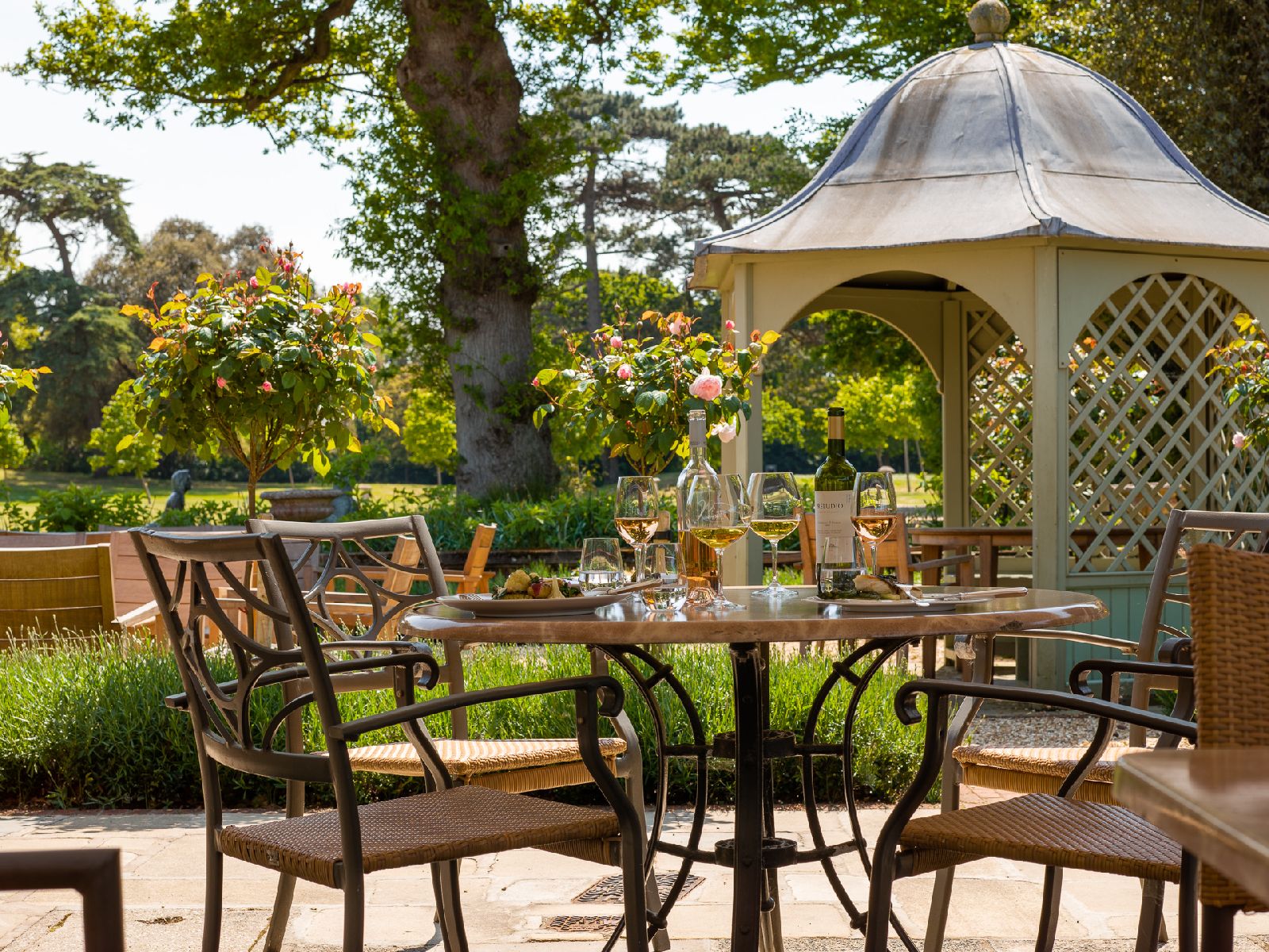 Outdoor dining terrace at Chewton Glen in the New Forest UK