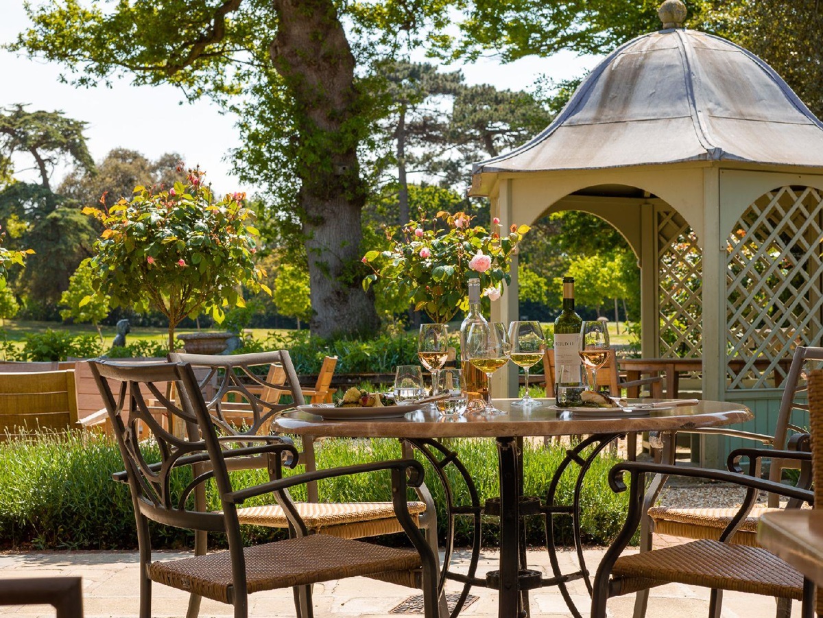 Outdoor dining terrace at Chewton Glen in the New Forest UK