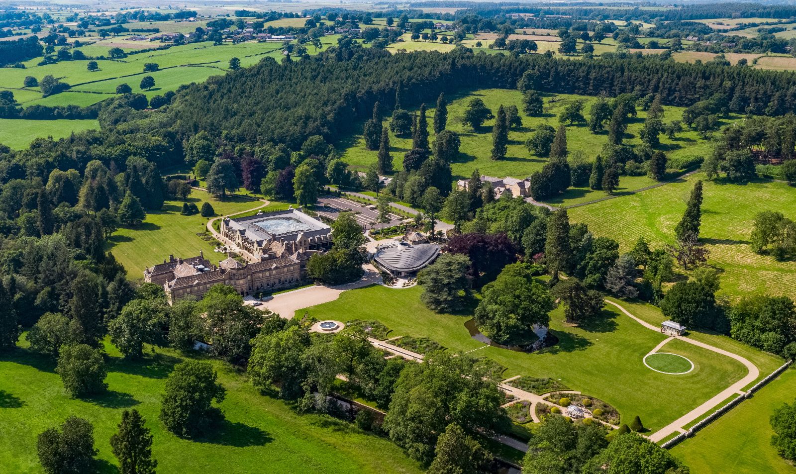 Aerial view of Grantley Hall hotel and estate in Yorkshire England
