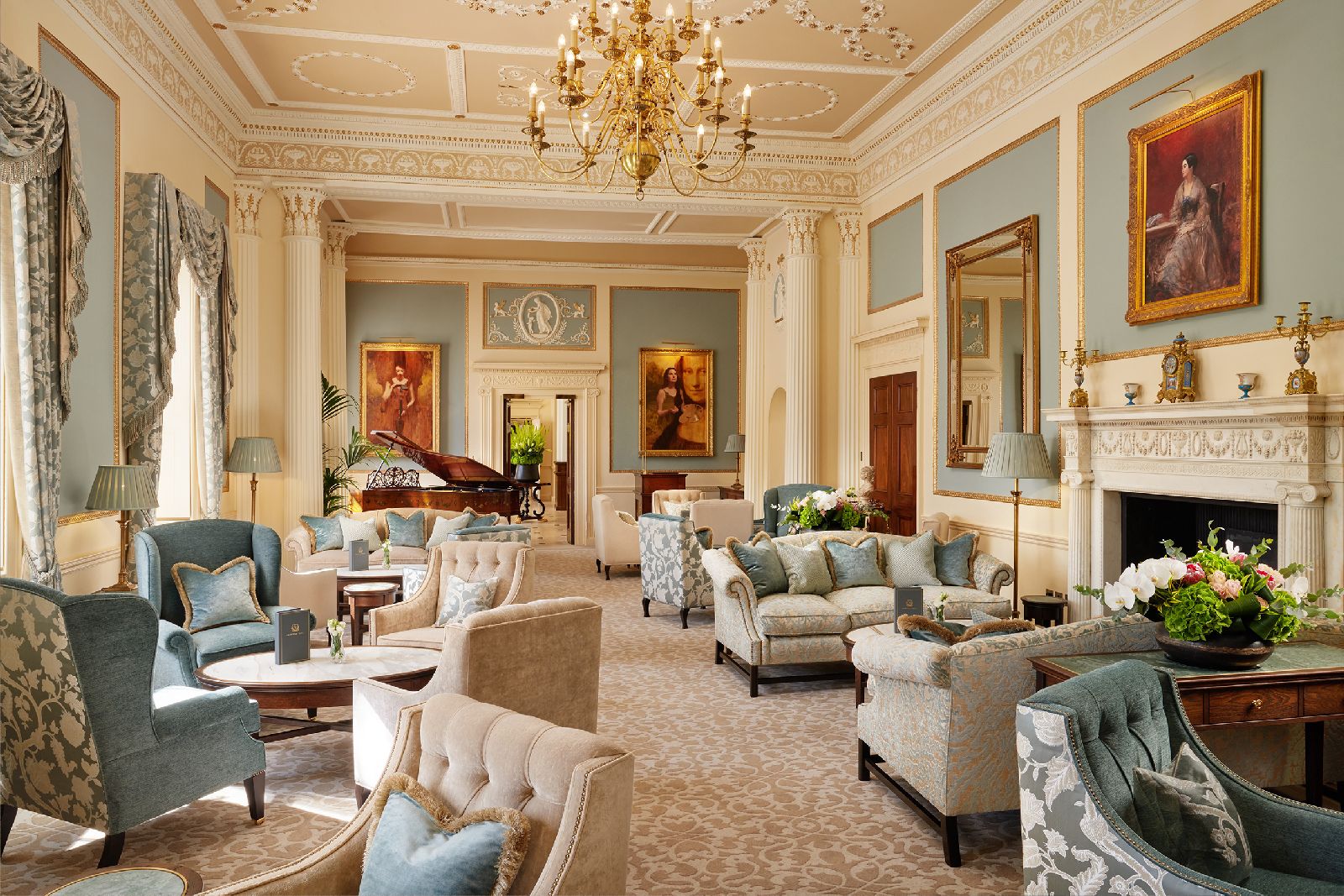 Elegant drawing room at Grantley Hall hotel in Yorkshire England