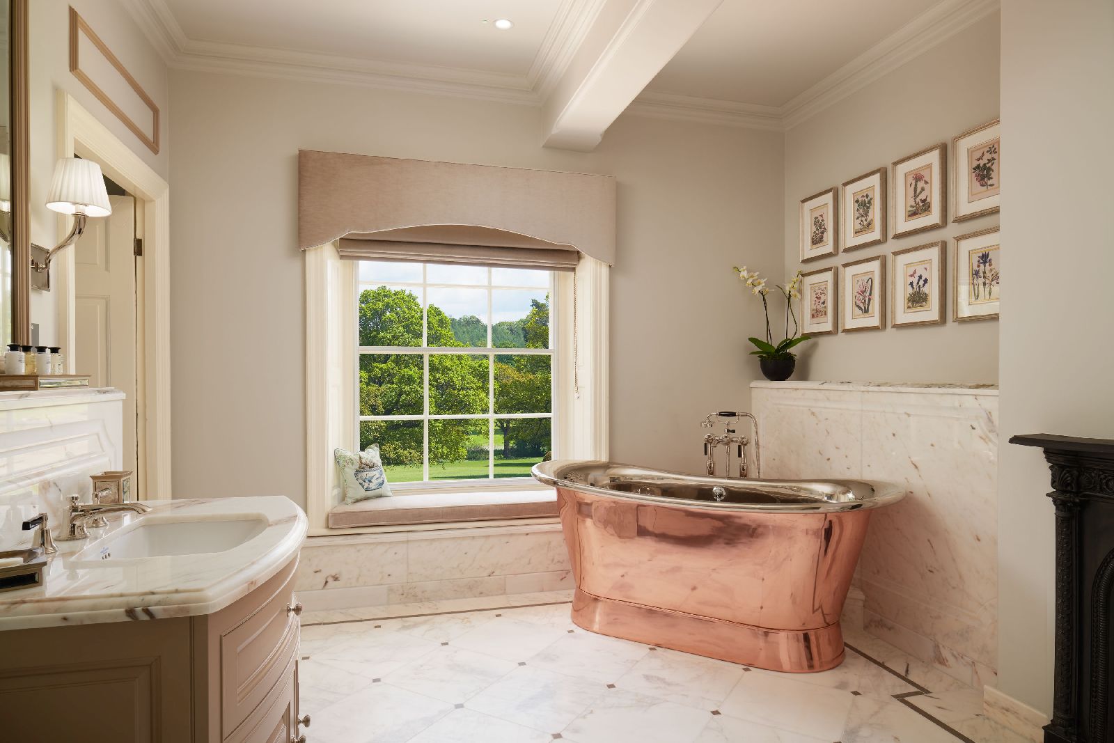 Bathroom of an executive room at Grantley Hall hotel in Yorkshire England