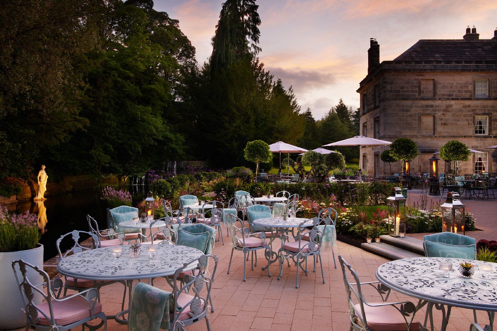 Outdoor terrace at Grantley Hall hotel in Yorkshire England
