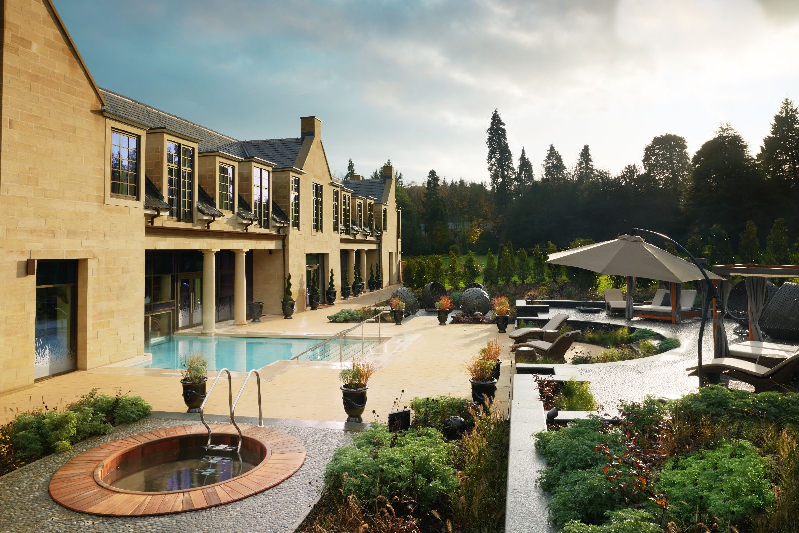 Heated outdoor swimming pool at Grantley Hall hotel in Yorkshire England