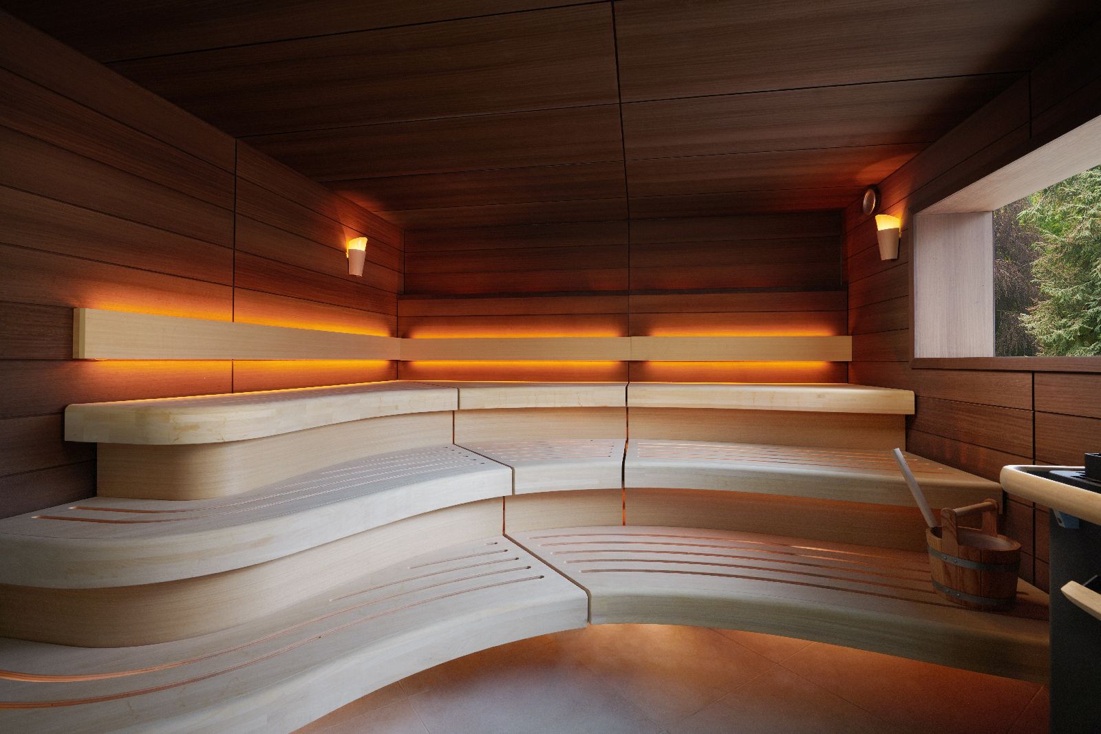 Sauna in the spa complex at Grantley Hall hotel in Yorkshire England