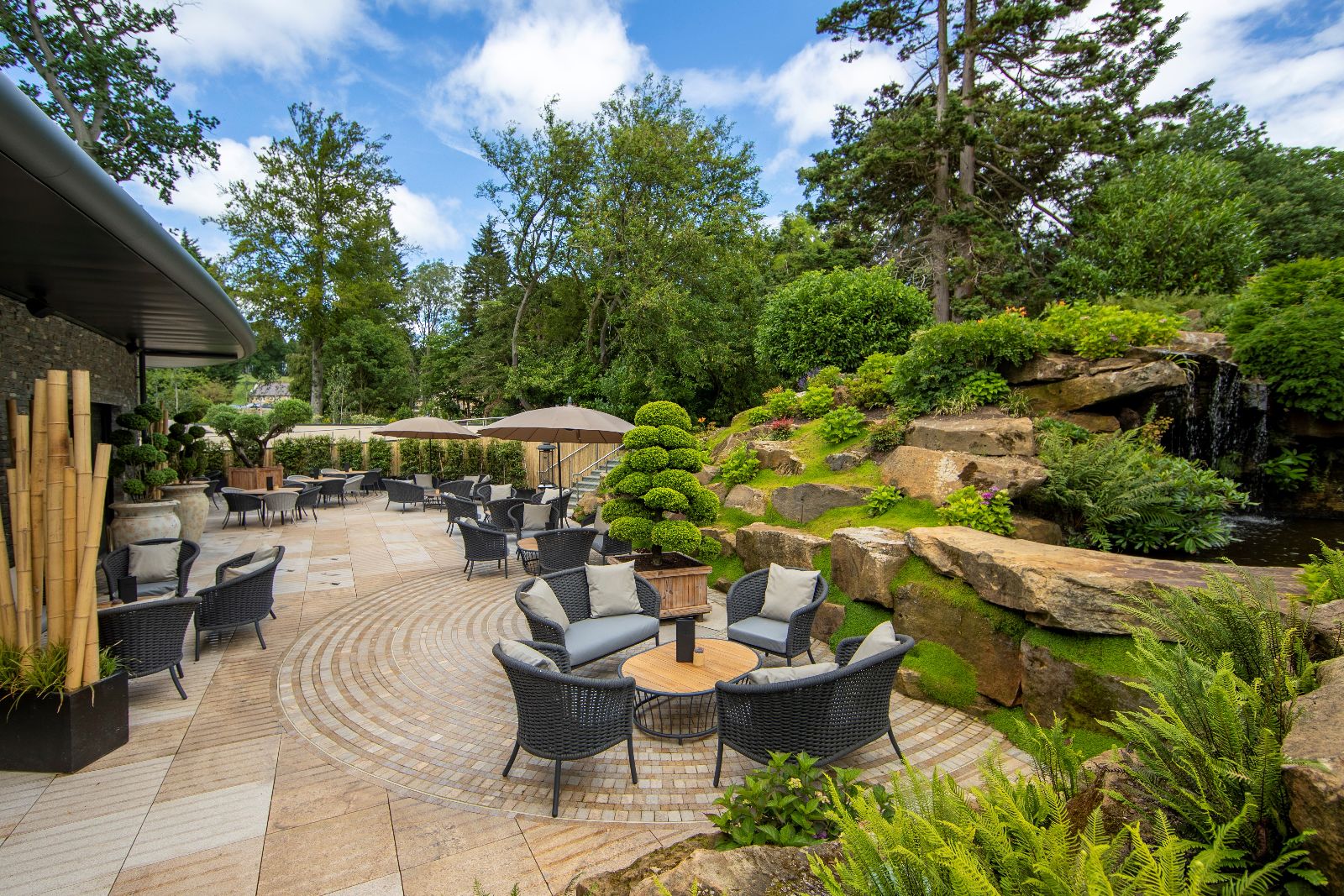 Outdoor terrace in the gardens of Grantley Hall hotel in Yorkshire England