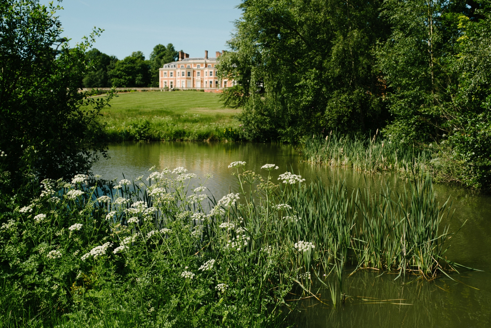 Lake view of Heckfield Place in England