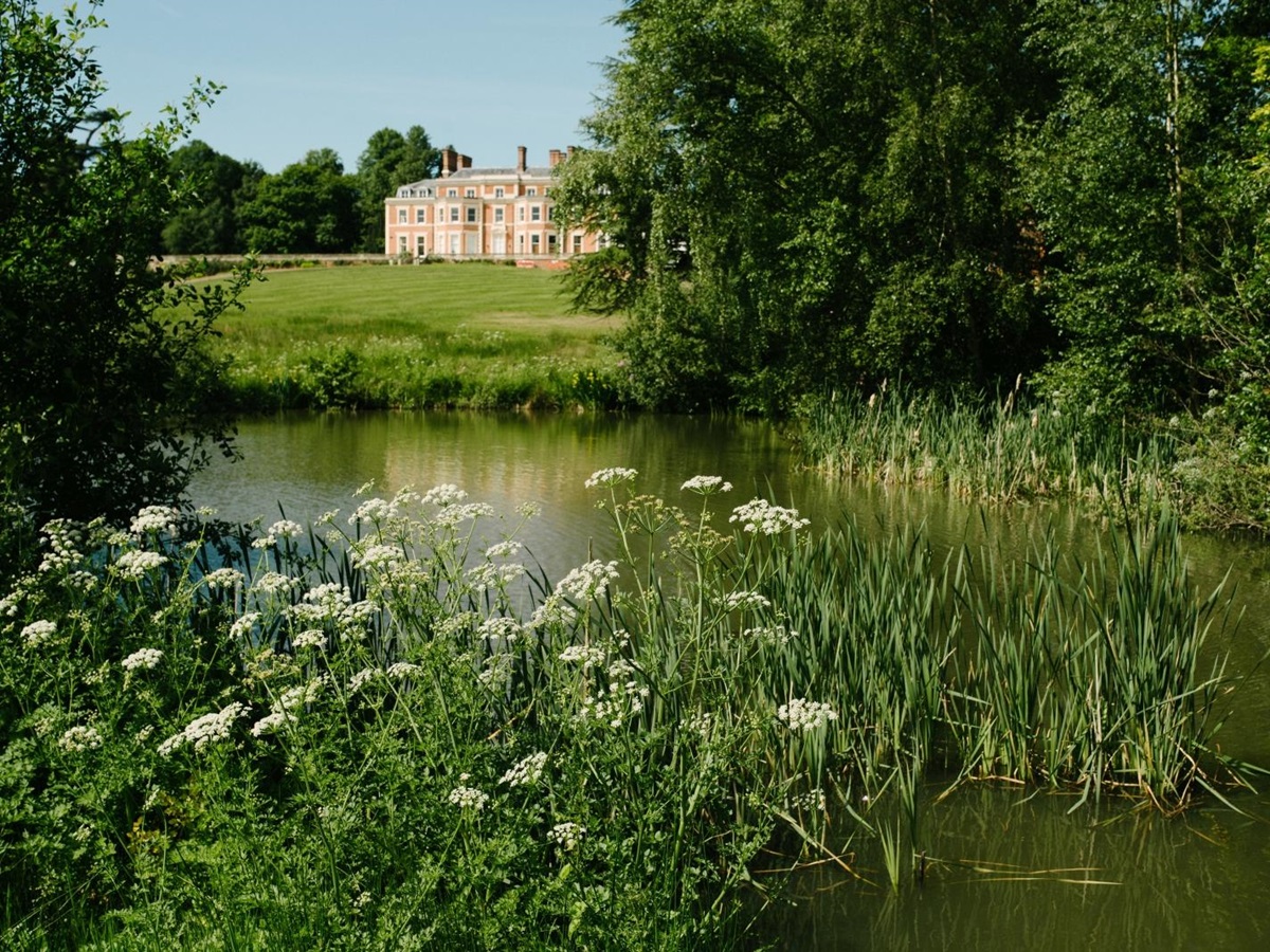 Lake view of Heckfield Place in England