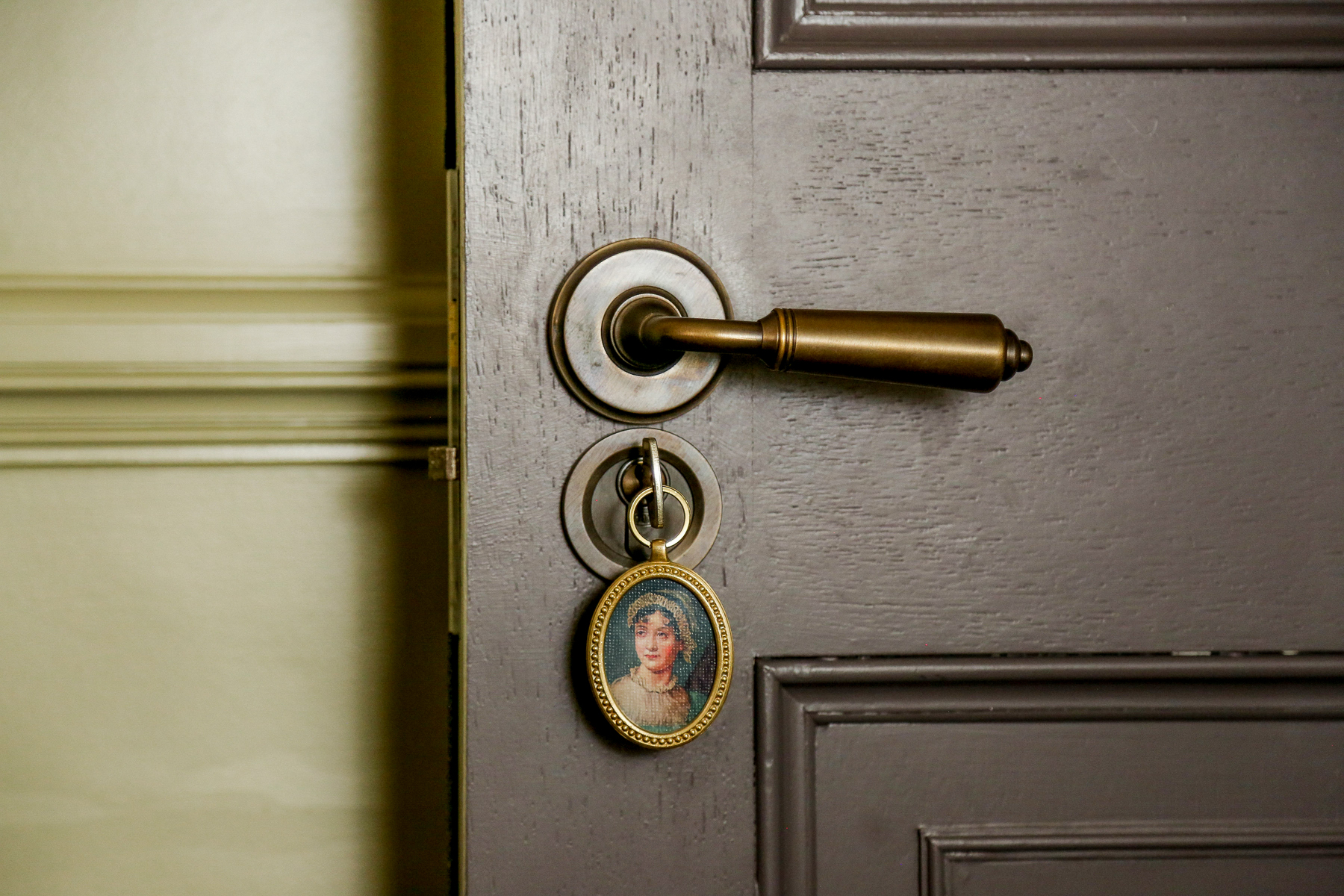 A room key with Jane Austen's portrait at Henry's Townhouse in Marylebone