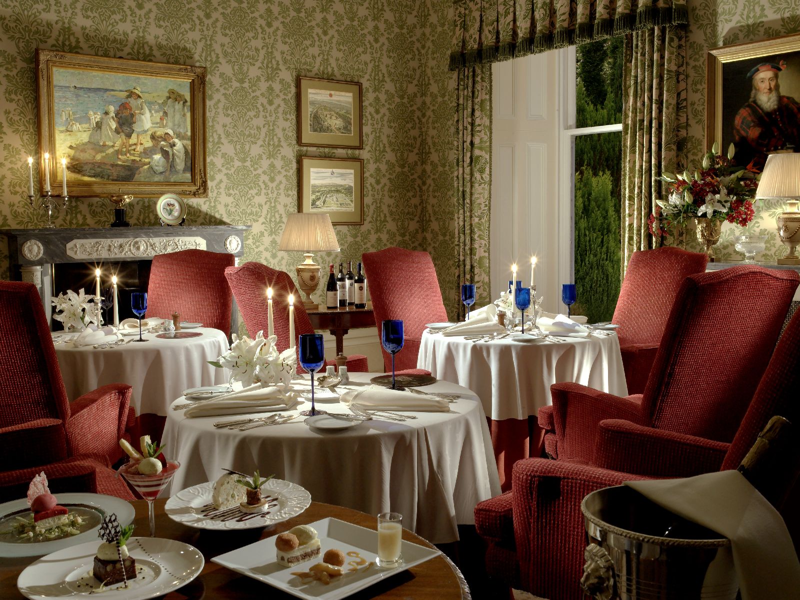 Refined dining room at the Inverlochy Castle Hotel in Scotland