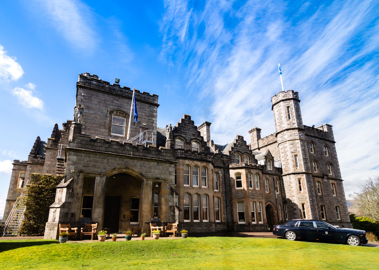 Exterior and entrance of the Inverlochy Castle Hotel in Scotland