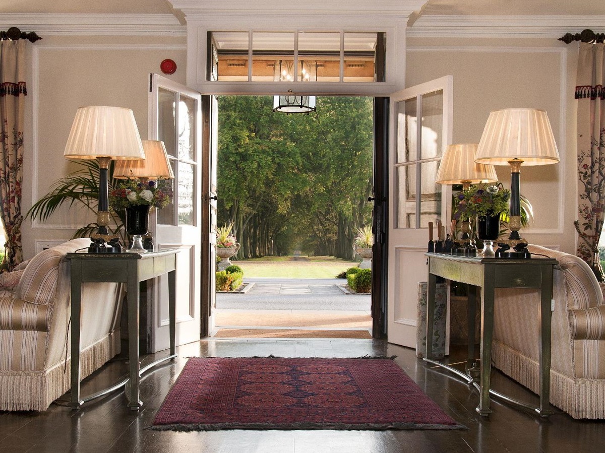 The entrance and front hall at Lucknam Park hotel in the Cotswolds England