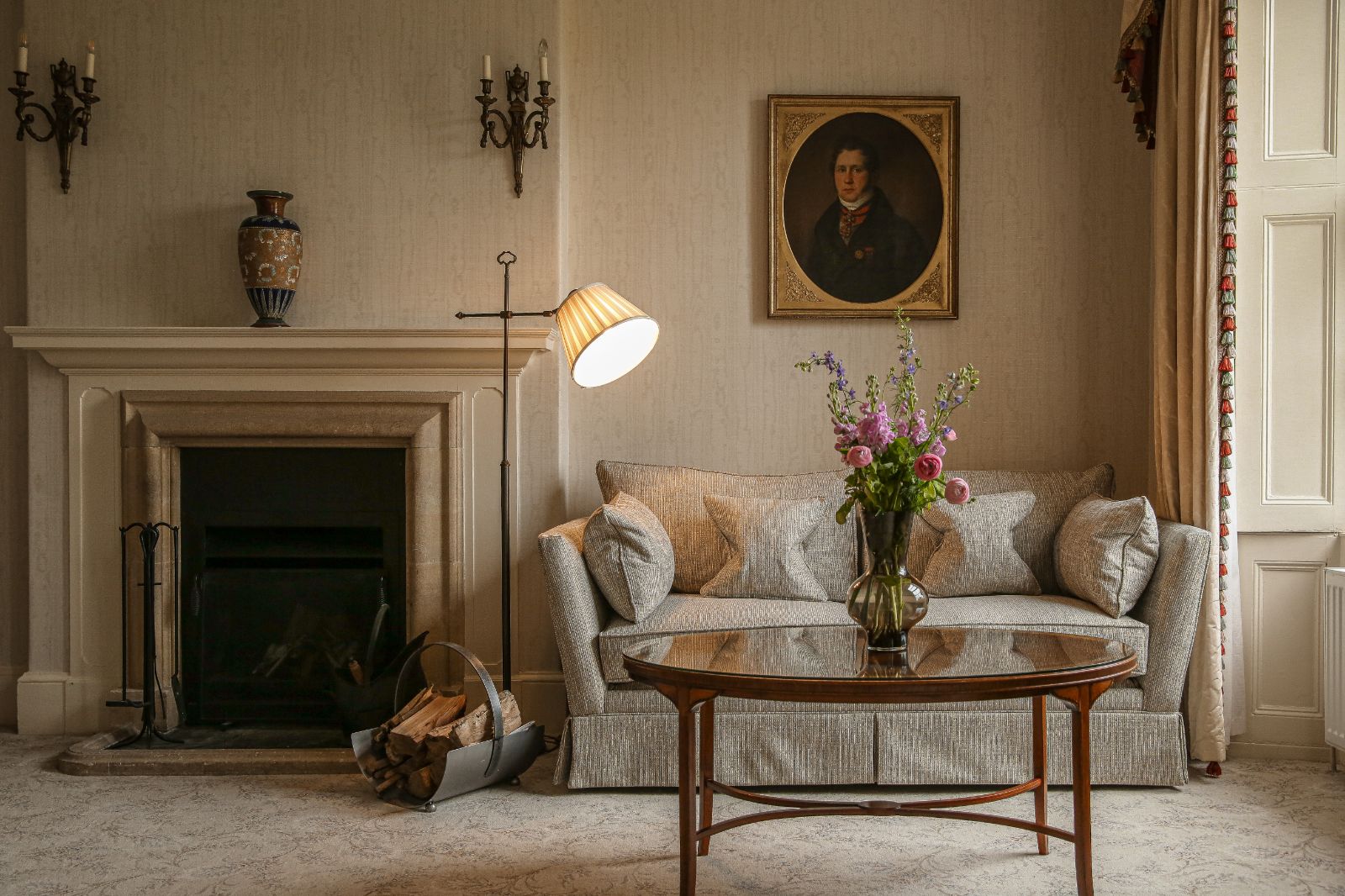 Fireplace of a suite at Lucknam Park hotel in the Cotswolds England