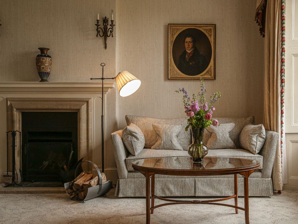 Fireplace of a suite at Lucknam Park hotel in the Cotswolds England