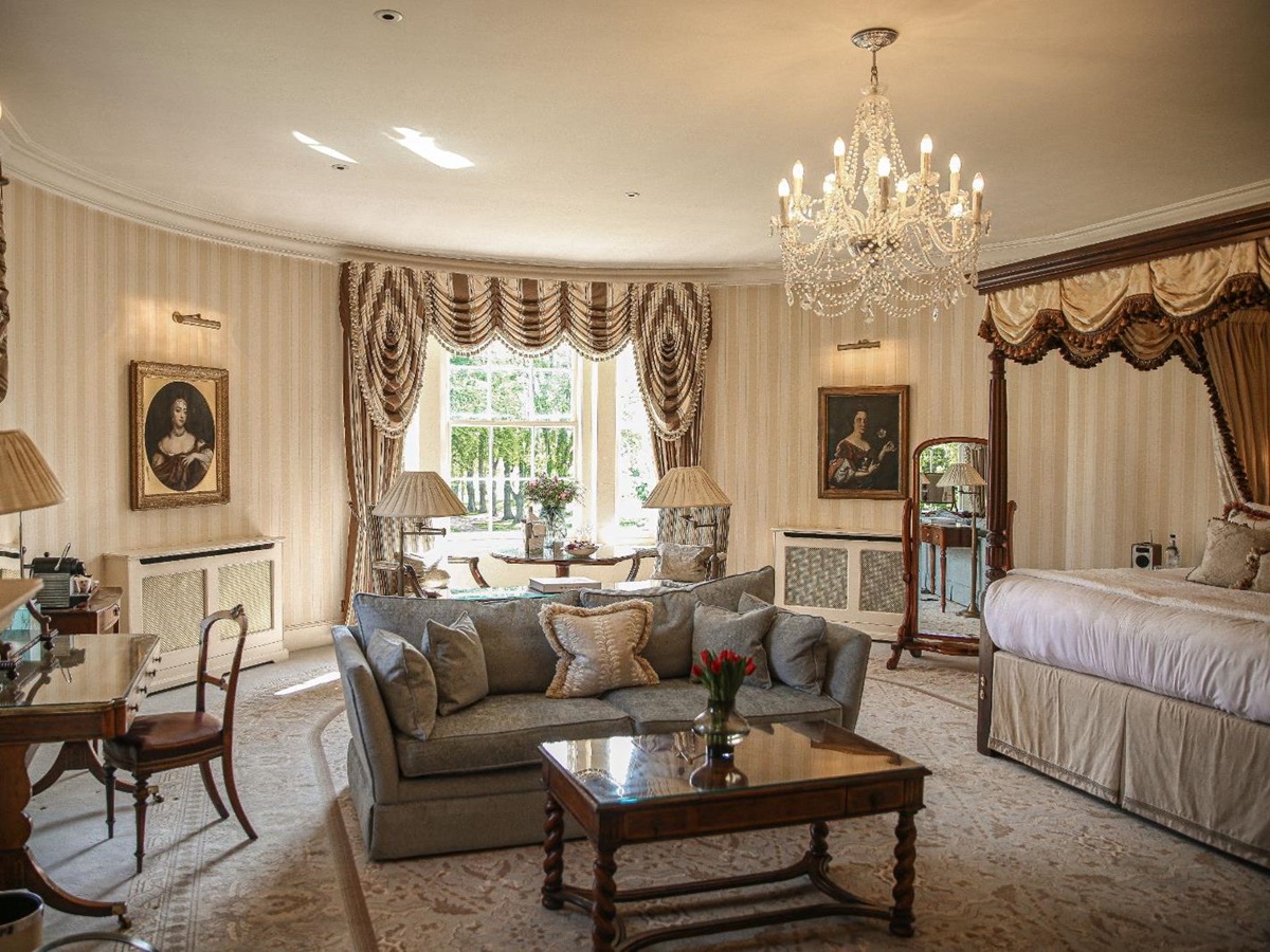 Living area of a suite at Lucknam Park hotel in the Cotswolds England