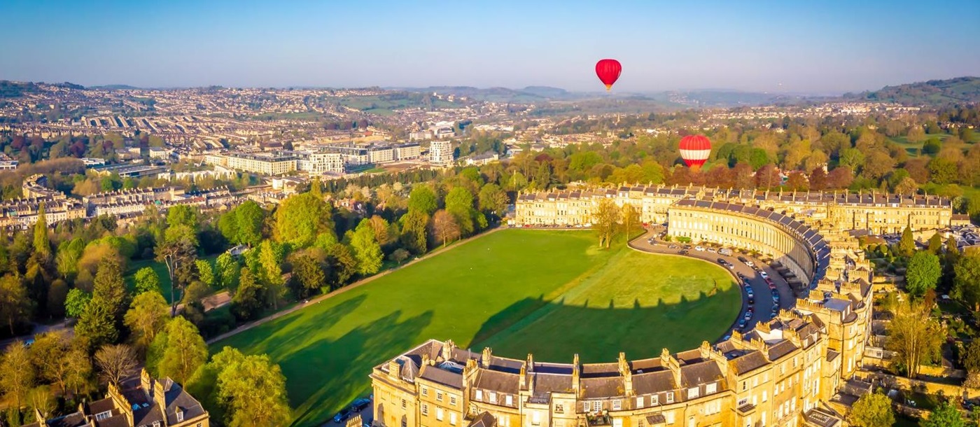 Aerial view of the the Royal Crescent Hotel in Bath and surrounds