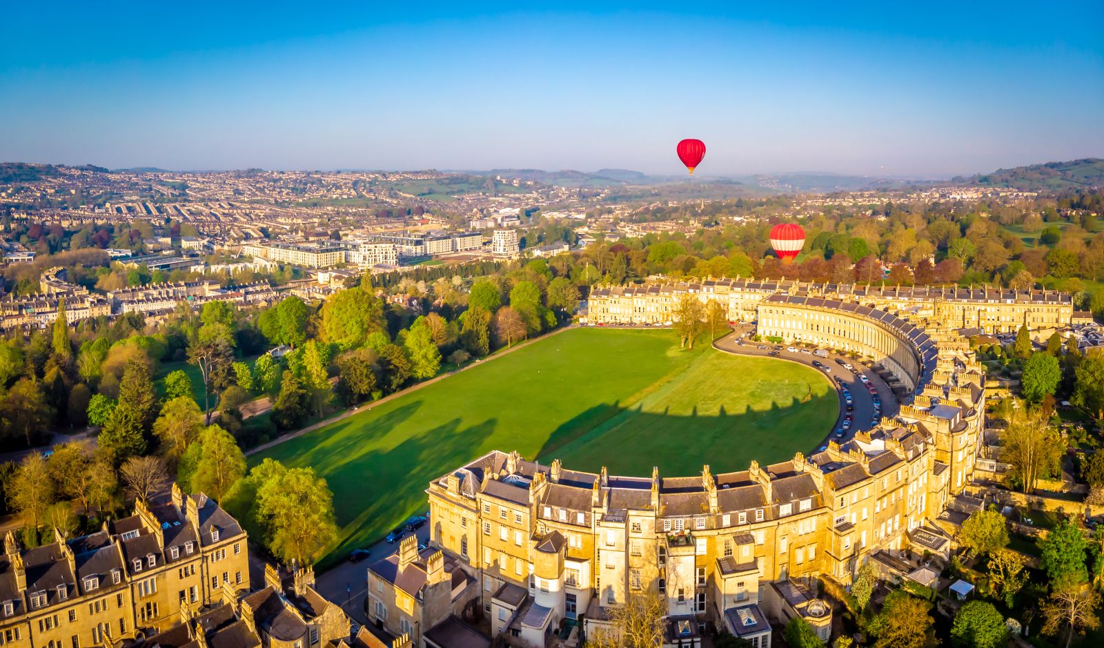 Aerial view of the the Royal Crescent Hotel in Bath and surrounds