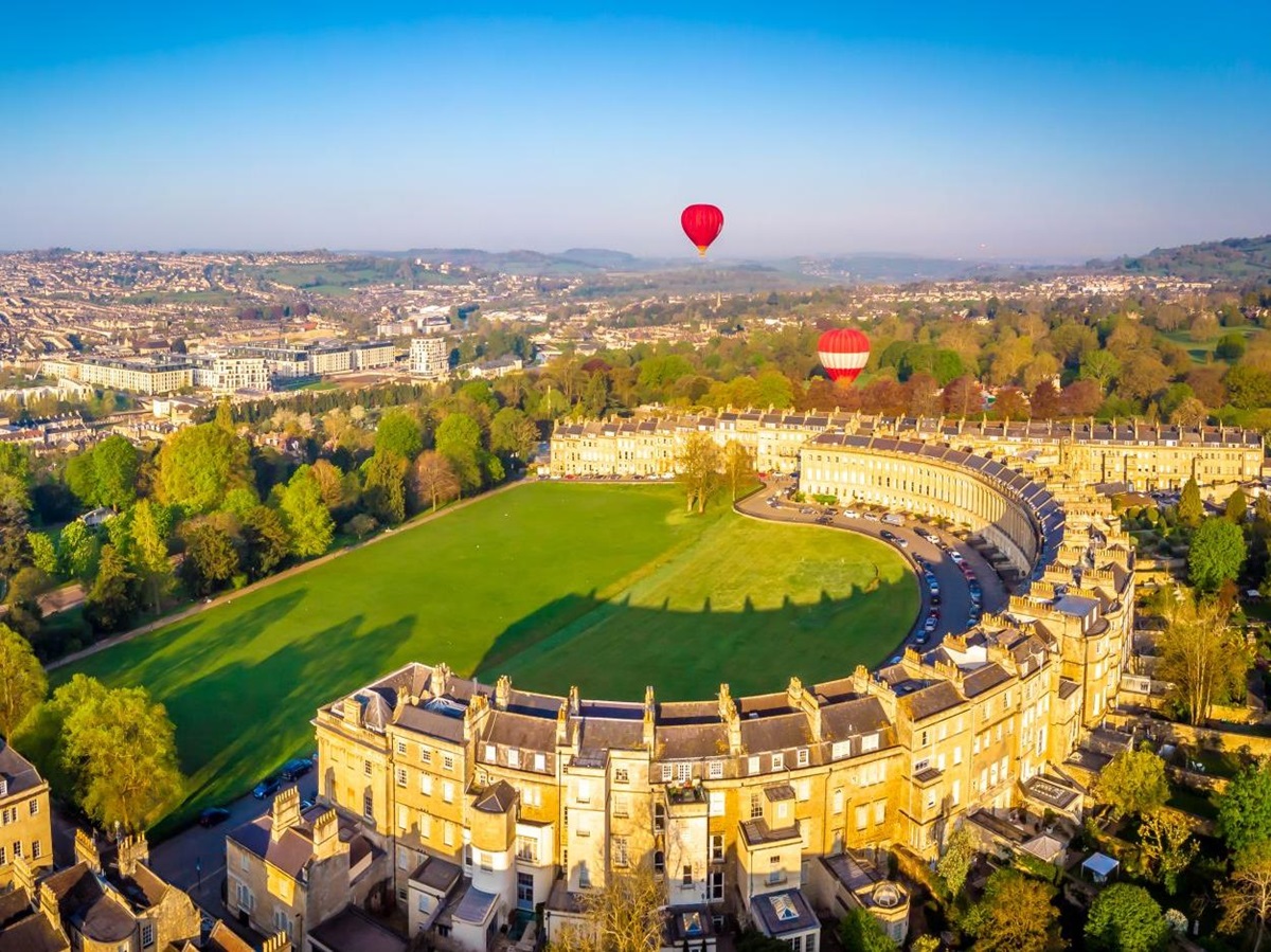 Aerial view of the the Royal Crescent Hotel in Bath and surrounds