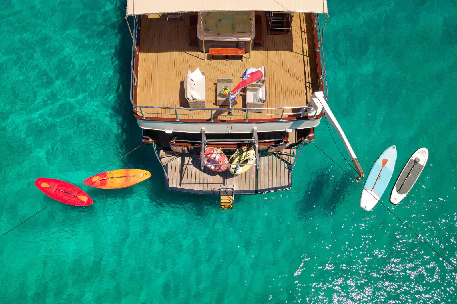 Aerial view of kayaks from Luna gulet in Croatia