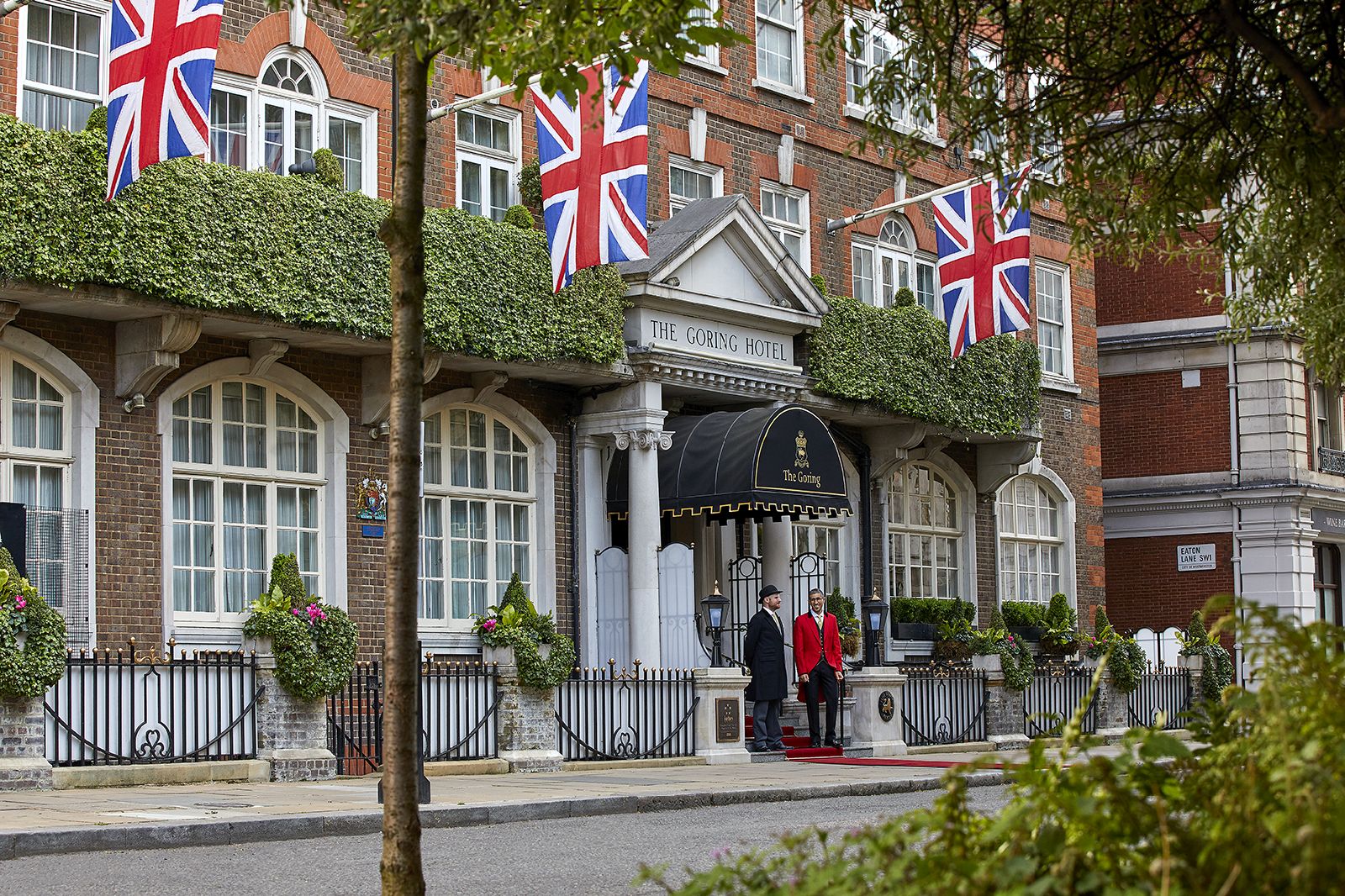 Exterior of The Goring hotel with footmen in London England