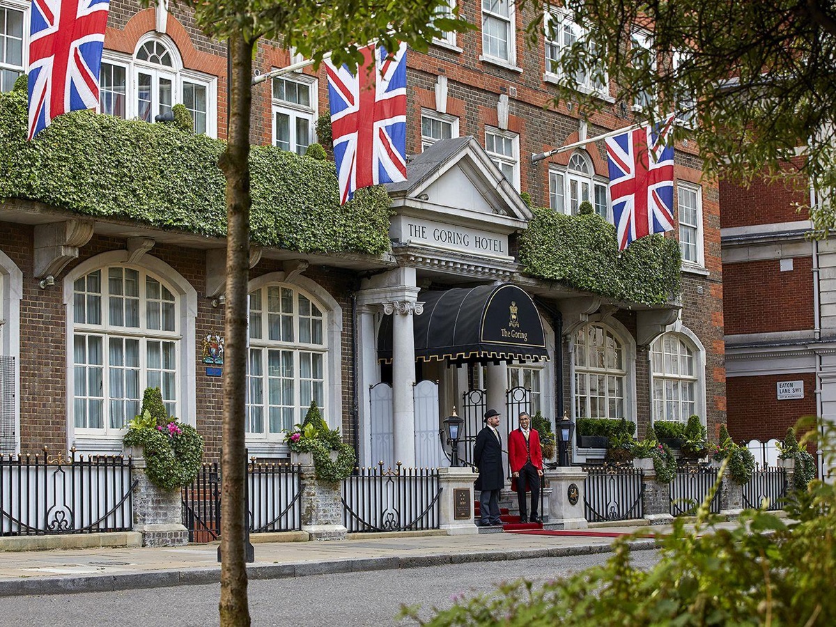 Exterior of The Goring hotel with footmen in London England