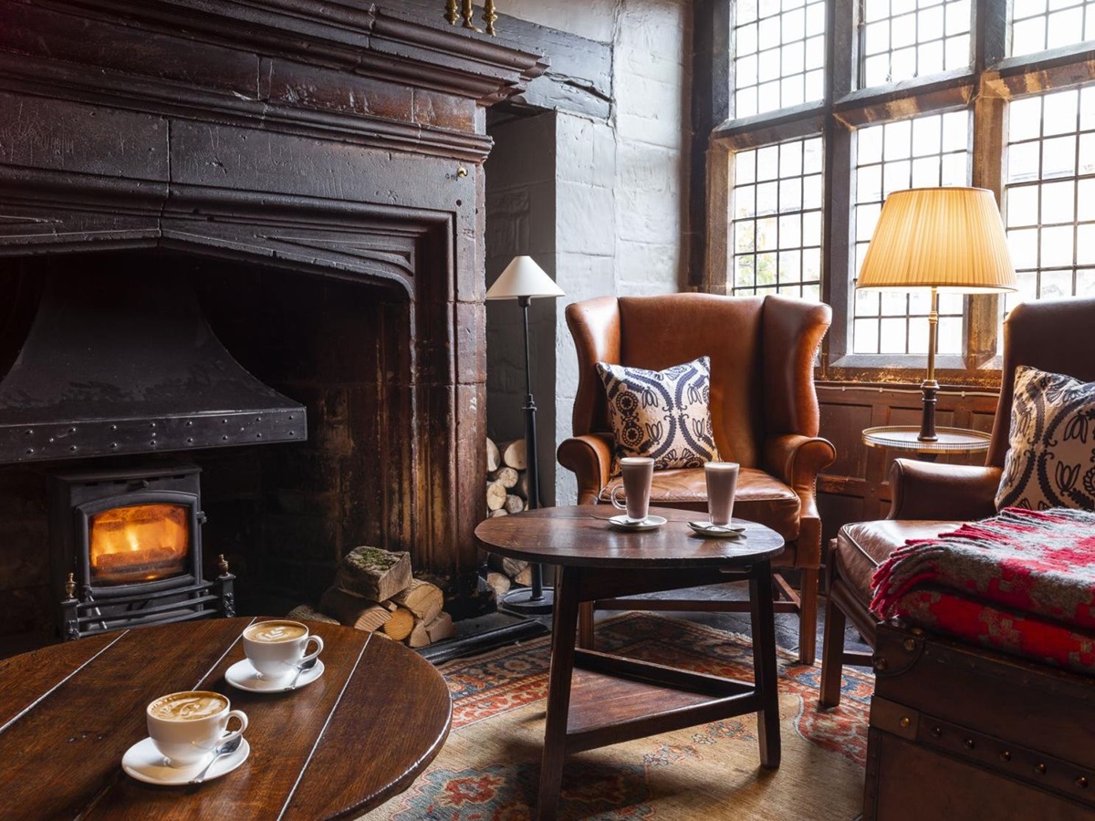Cosy fireplace at The Lygon Arms in the Cotswolds, England