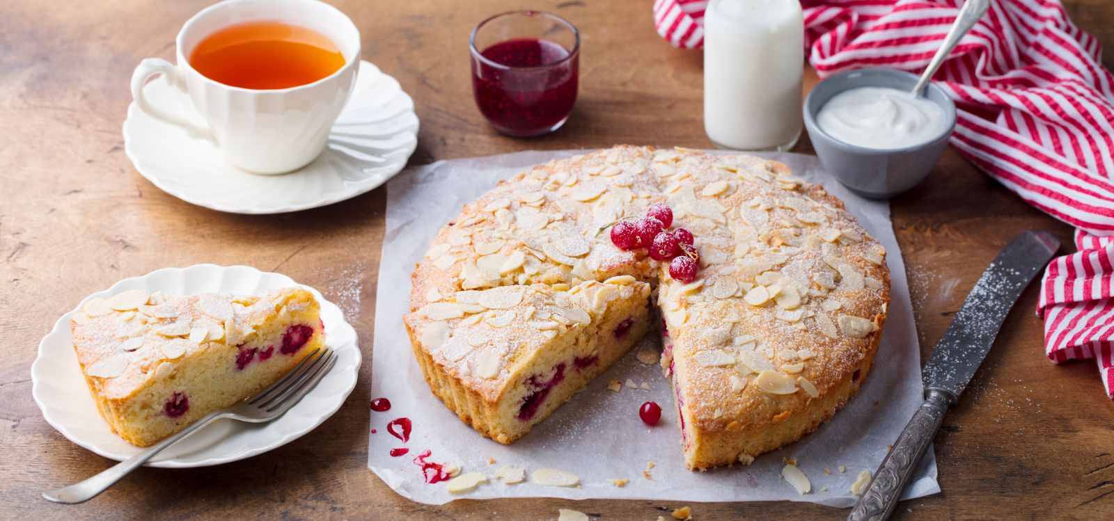 Bakewell tart served with tea