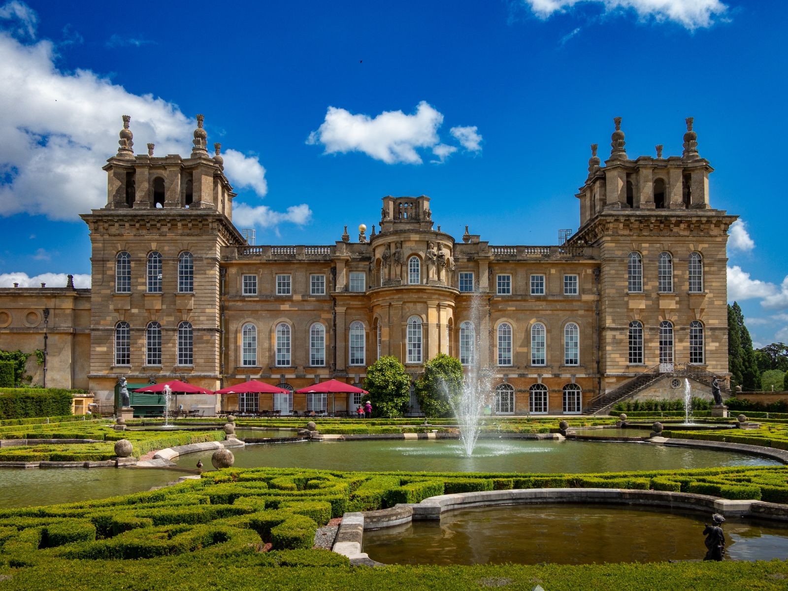 Fountains and gardens at the front of Blenheim Palace in Oxfordshire