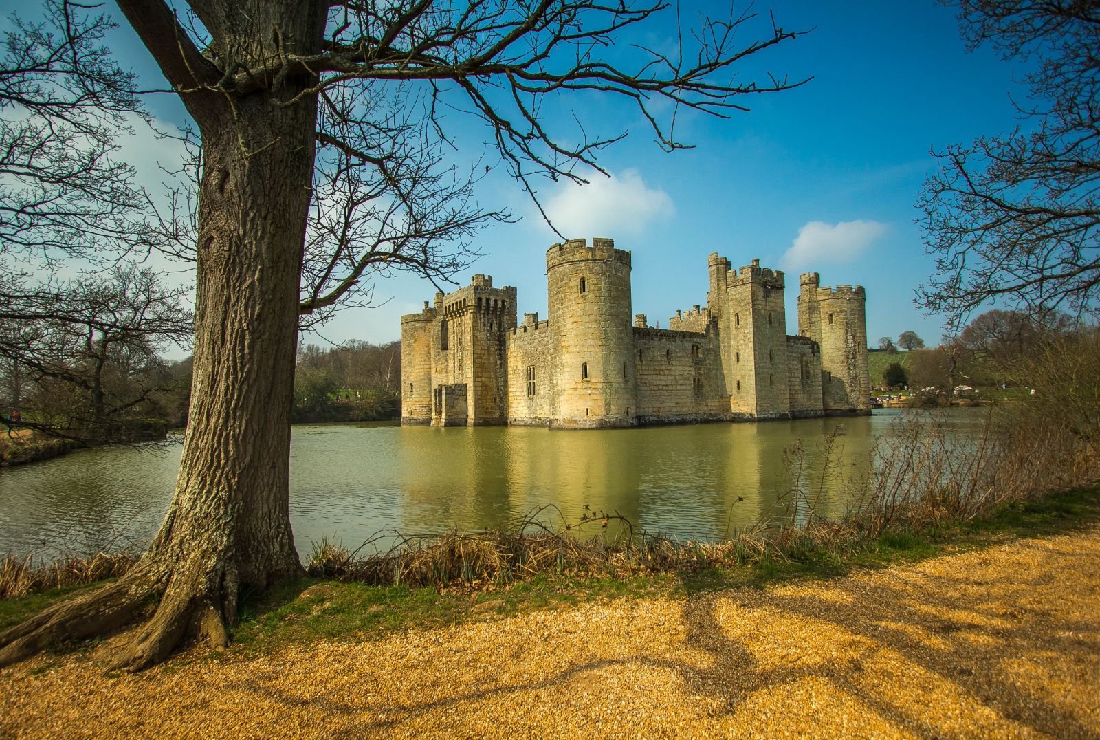Moat surrounding Bodiam Castle in East Sussex, England