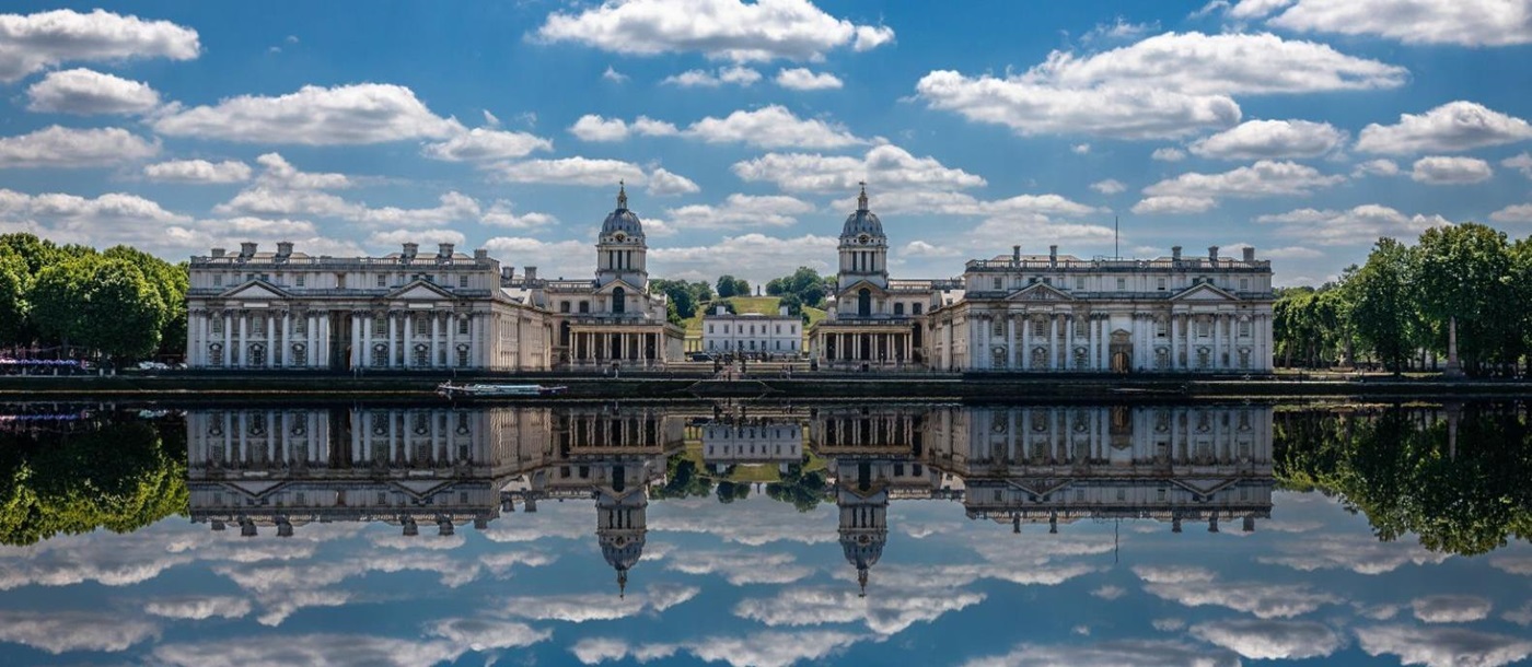 Reflections on the water outside Greenwich Naval College in Great Britain