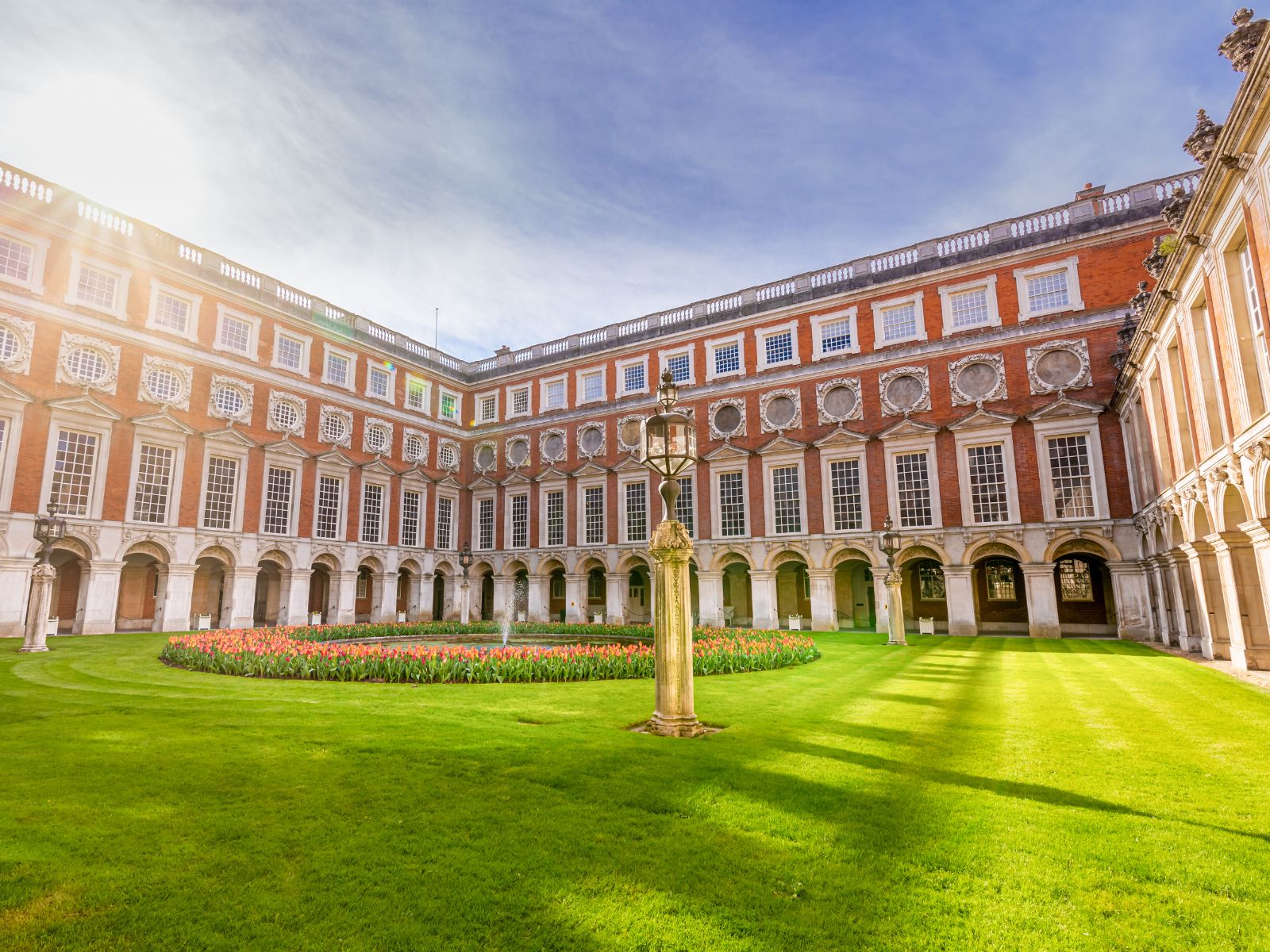 Courtyard and lawns at Hampton Court Palace near London