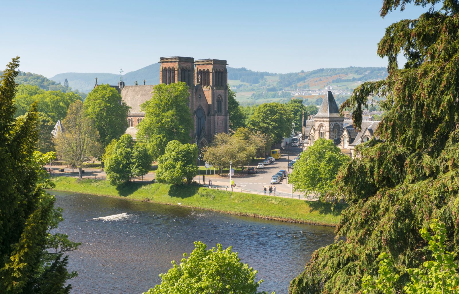 Inverness Cathedral exterior and lake view in Scotland