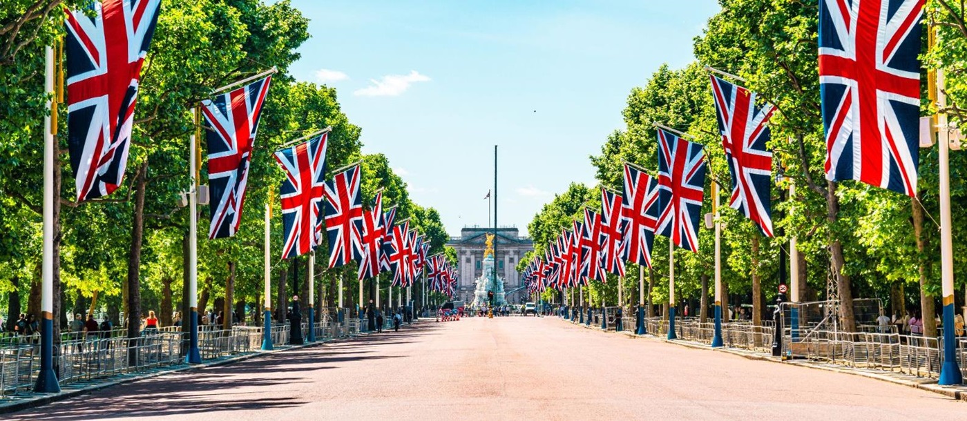 British flags along the Mall outside Buckingham Palace in London
