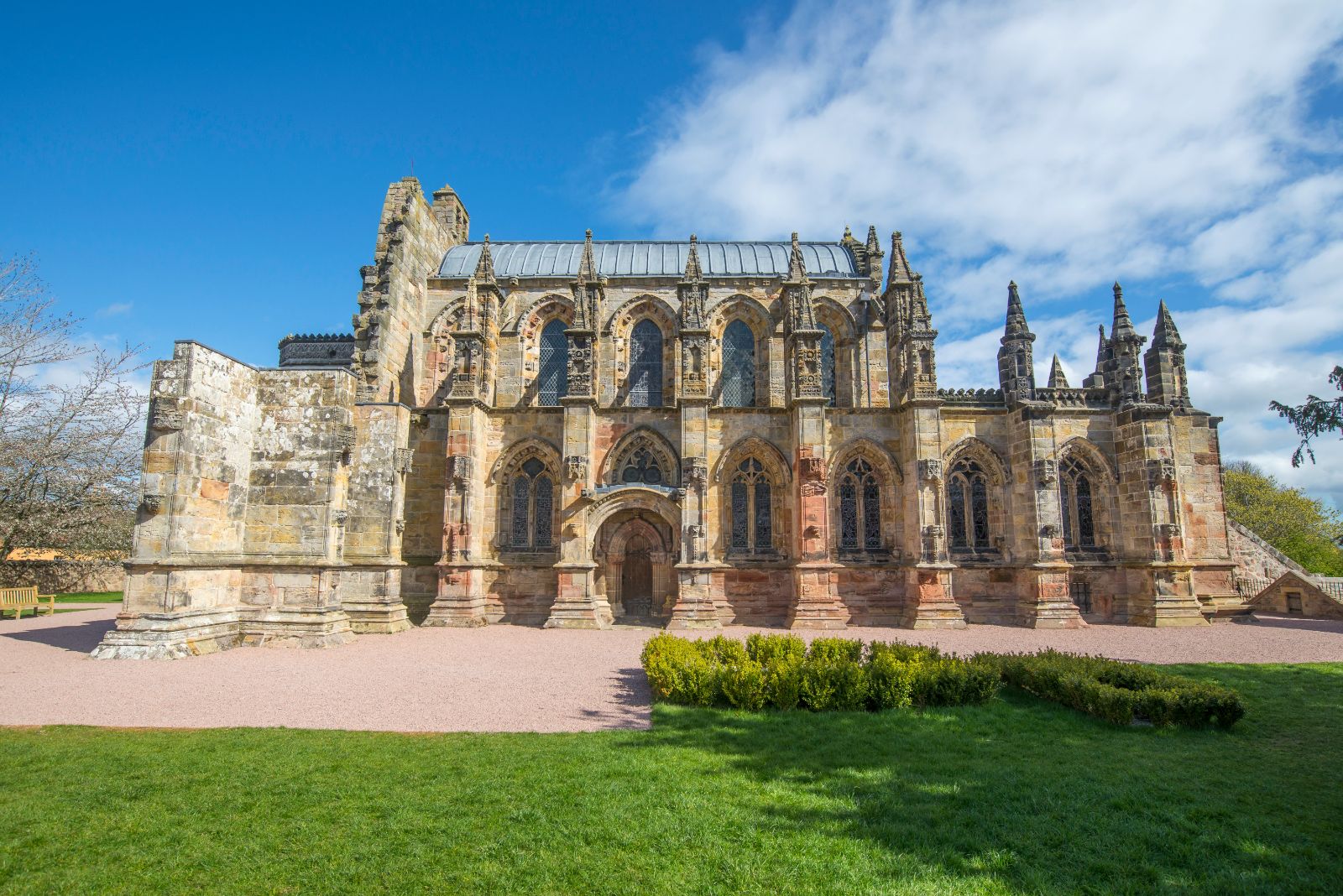 Exterior view of Rosslyn Chapel in Roslin, Scotland