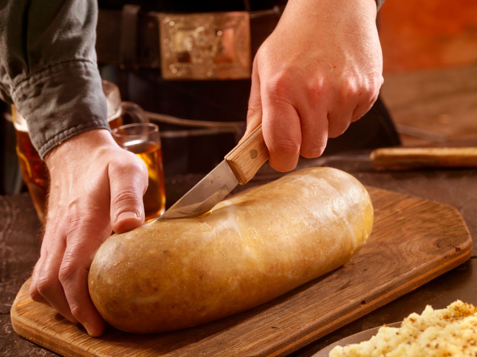 Close up of haggis being cut in Scotland