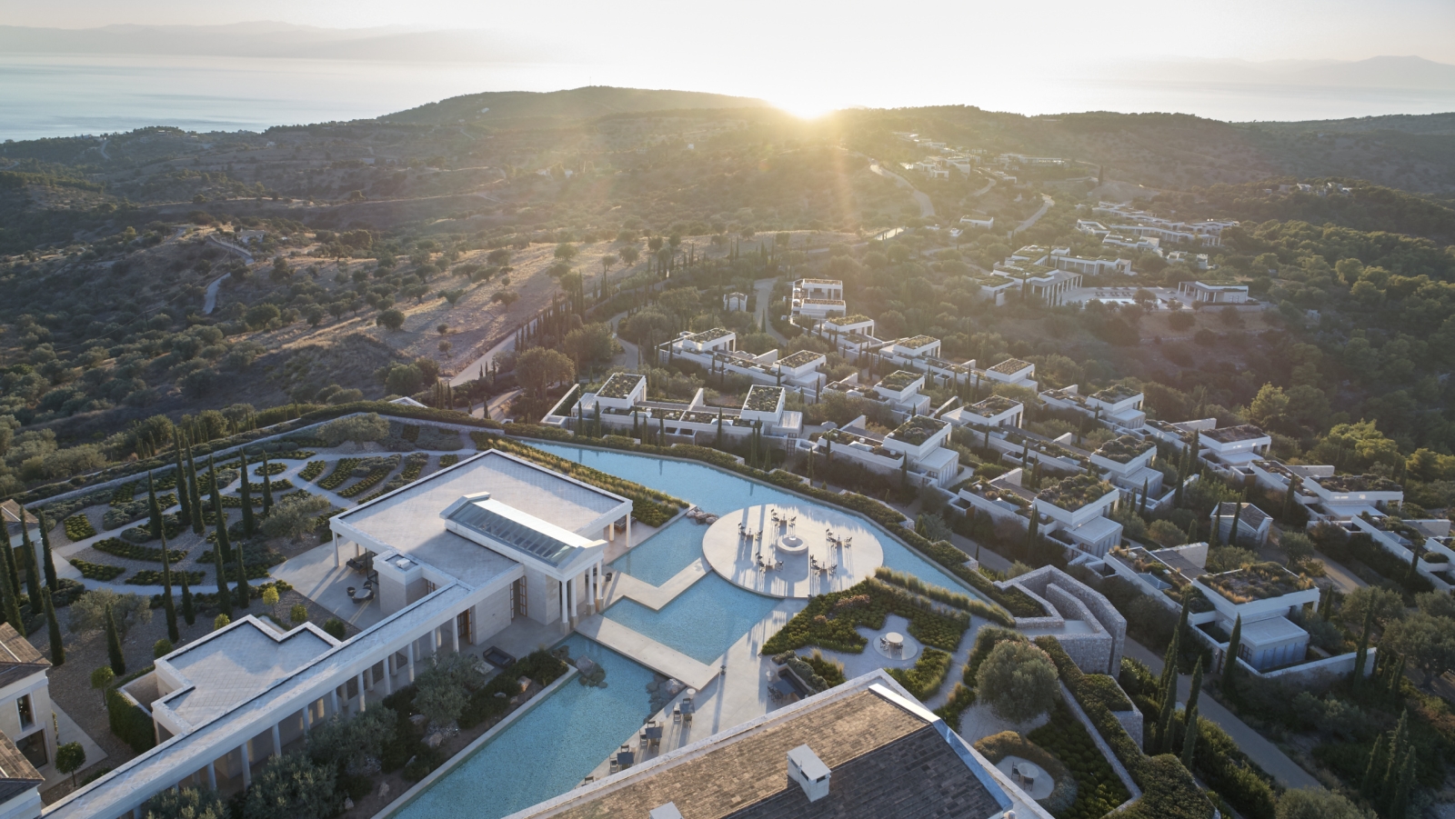 Aerial view of Amanzoe and its surroundings